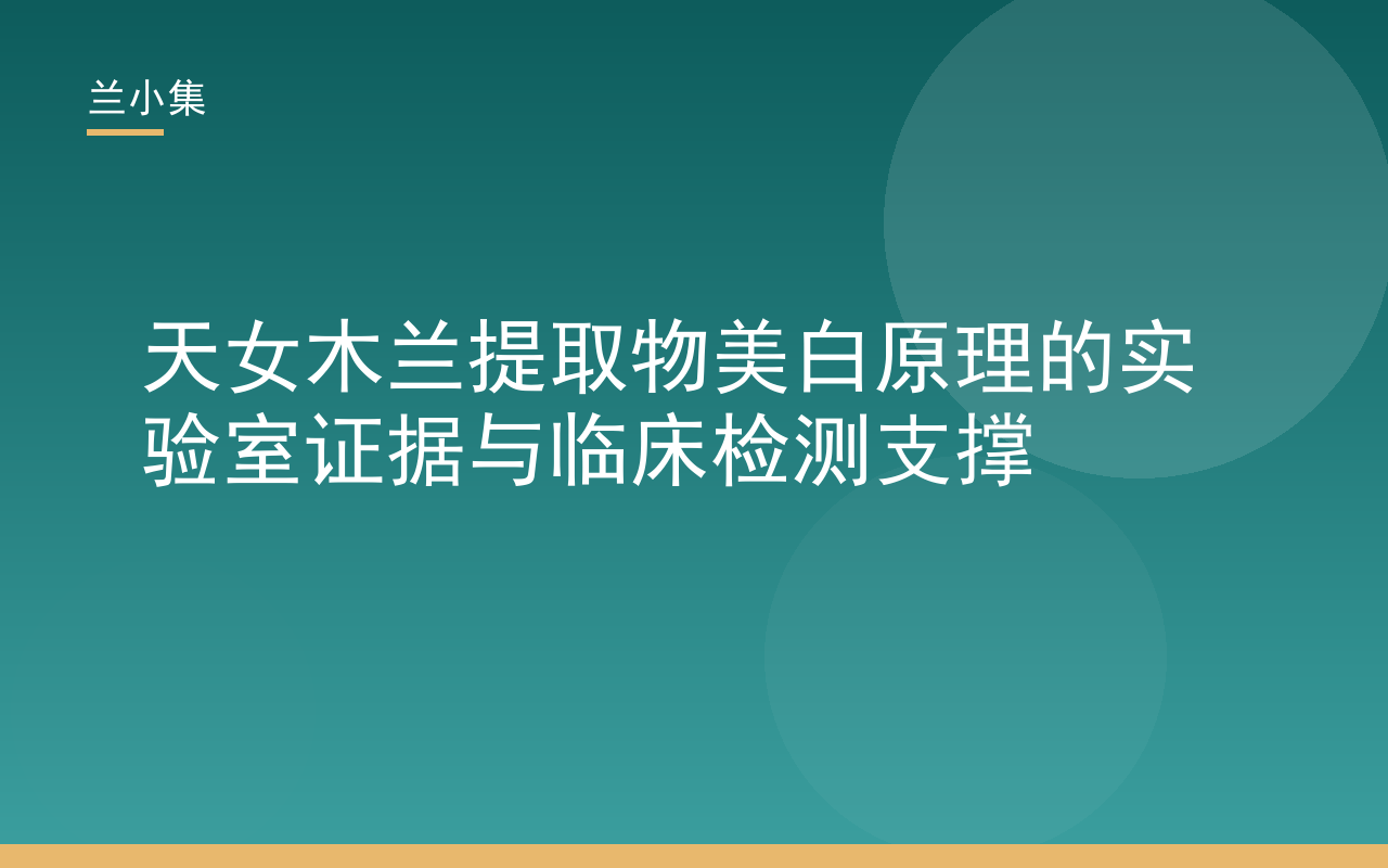 天女木兰提取物美白原理示意图，展示抑制酪氨酸酶、抗氧化、抗炎等多通路协同作用，兰小集专利成分实验室证据与临床检测支撑