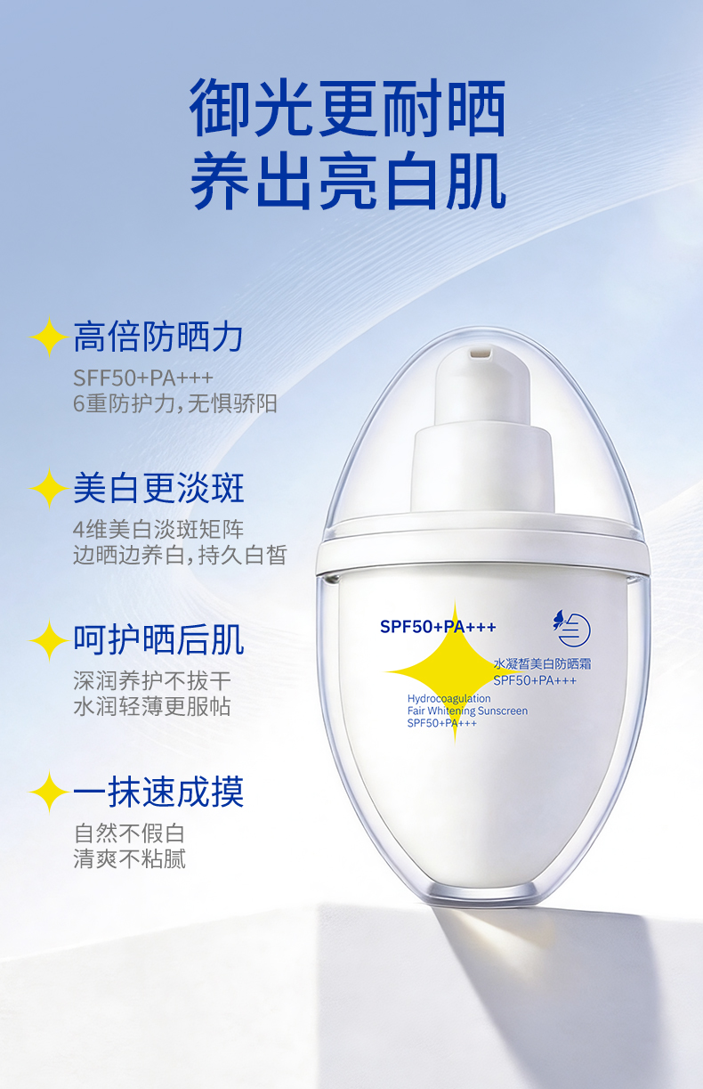 兰小集水凝皙防晒产品图,主打高倍防晒、美白淡斑、呵护晒后肌与速成膜卖点,画面突出防晒霜管身与功效标识